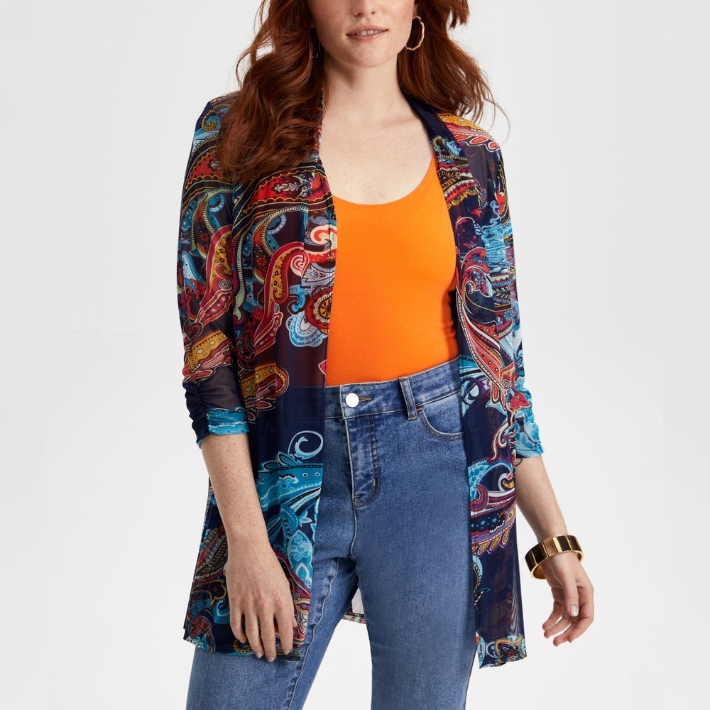 NWT XS Laura Paisley Print Open Front Cardigan / Swim Cover Up - Blue Pattern